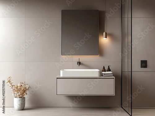 Compact bathroom with a wall-mounted sink, integrated storage, and bright lighting, functional bathroom, space-saving design