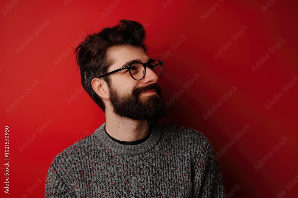 Fototapeta premium Handsome man in glasses and sweater thinking and smiling.