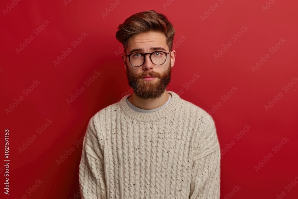 Fototapeta premium Serious young man in glasses and sweater on red background.