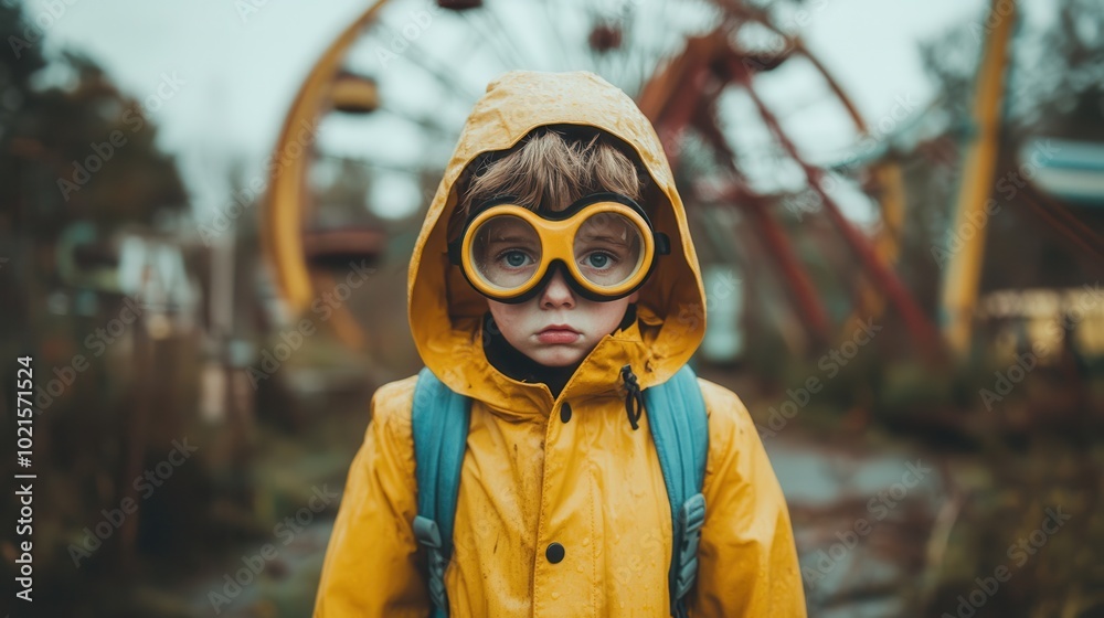 A single boy in a bright yellow raincoat and goggles explores an abandoned amusement park, evoking both loneliness and curiosity, set against desolate machinery. A single boy in a bright yellow raincoat and goggles explores an abandoned amusement park, evoking both loneliness and curiosity, set against desolate machinery.