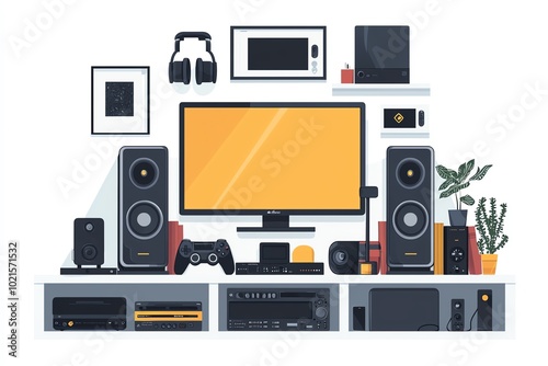 A modern entertainment setup featuring a television, speakers, gaming console, and accessories, ideal for home decor inspiration.