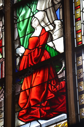 Stained Glass Art Depicting Medieval Woman in Red Robe
 photo