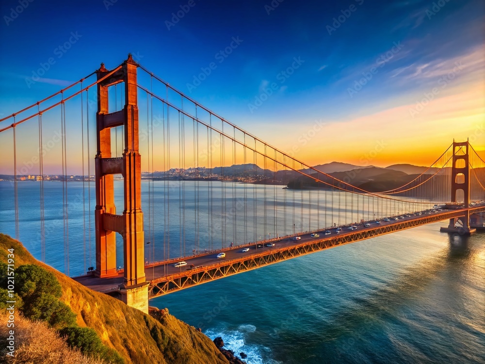 Obraz premium Stunning Outline of Golden Gate Bridge Against Clear Sky - Iconic San Francisco Landmark in Beautiful Silhouette View