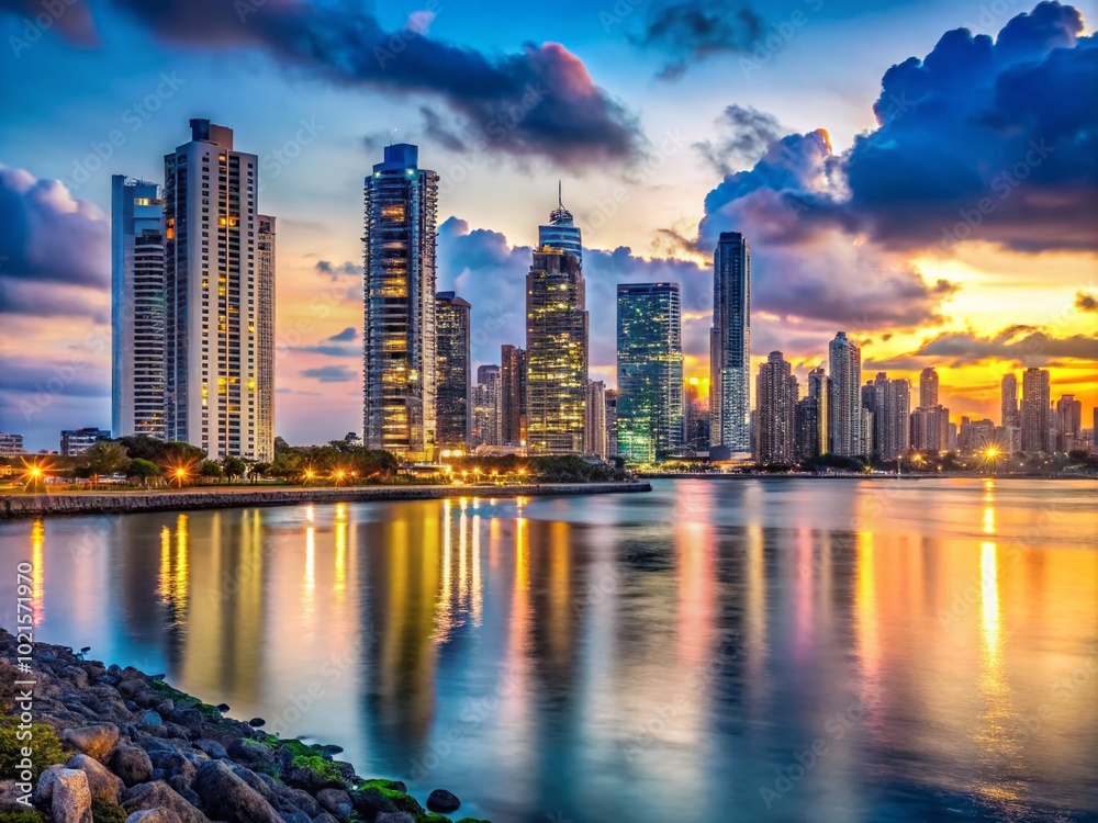 Fototapeta premium Stunning Panama City Skyline at Dusk with Towering Skyscrapers and Glimmering City Lights Reflected