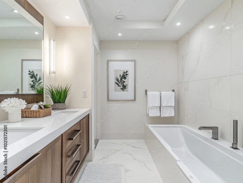 Fototapeta premium Bright white walls in a modern bathroom with a large mirror and recessed lighting