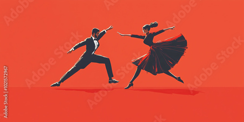 Dancers executing sharp kicks during a quickstep routine, fast-paced and synchronized, illustration art photo