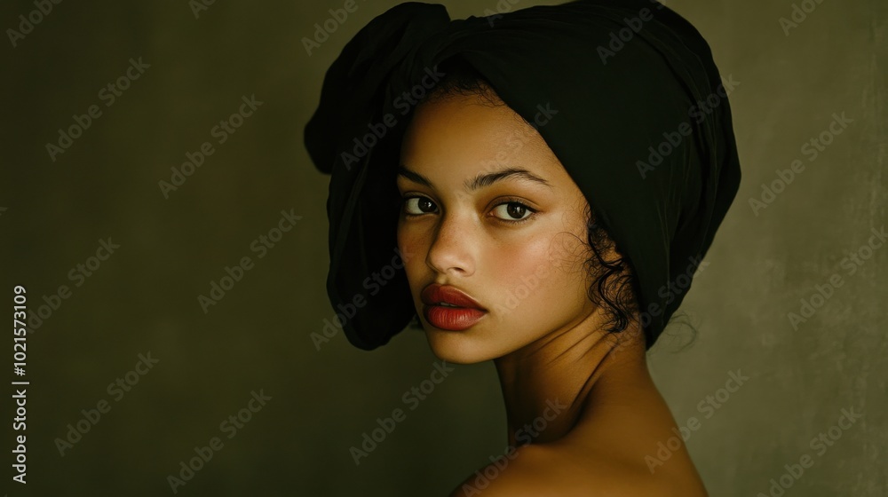 Portrait photography for fashion and beauty industry – close-up of woman with dark green headscarf Portrait photography for fashion and beauty industry – close-up of woman with dark green headscarf