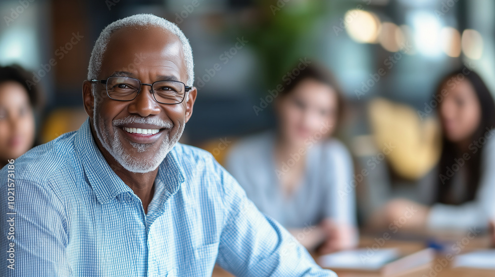 Happy senior African American man in a casual shirt smiling in an office setting with colleagues in the background. Happy senior African American man in a casual shirt smiling in an office setting with colleagues in the background.