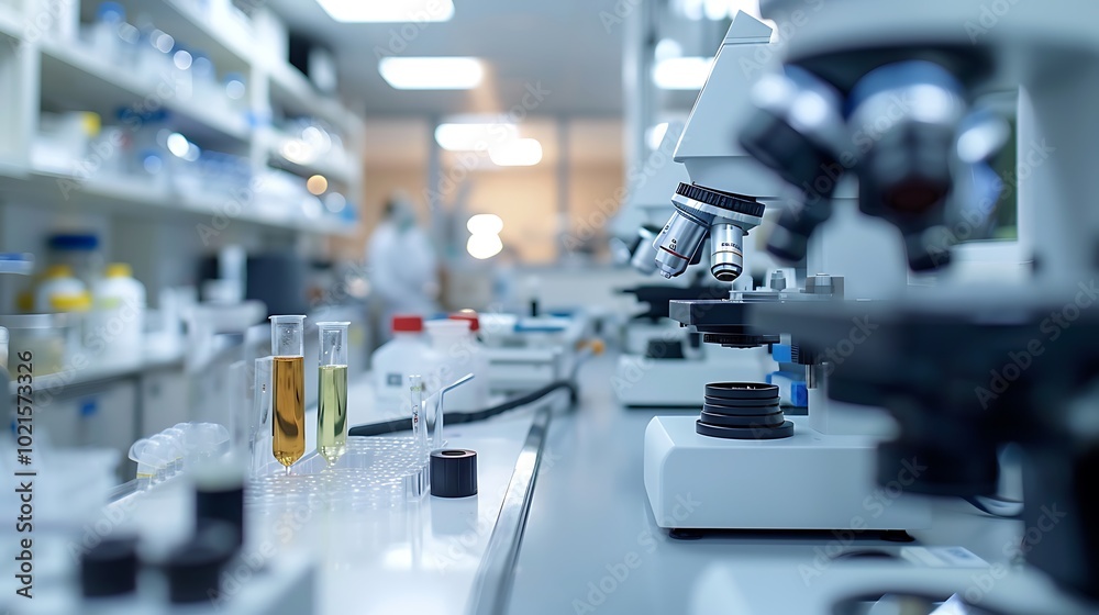 Close-up view of precision scientific instruments on a clean lab bench, taken in high-definition photography Close-up view of precision scientific instruments on a clean lab bench, taken in high-definition photography