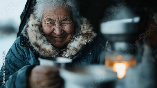 An elderly woman with a warm smile, wrapped in winter clothing, holding a cup, evoking warmth and coziness amidst a chilly, serene winter setting.