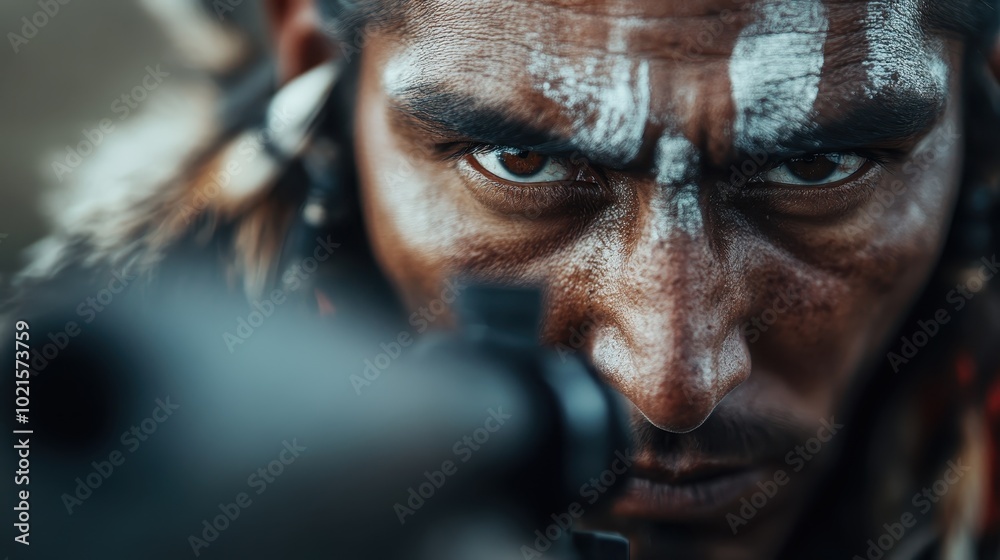 A man with a painted face aims forward with fierce intensity, the paint and posture capturing the essence of focus and determination within an unknown context. A man with a painted face aims forward with fierce intensity, the paint and posture capturing the essence of focus and determination within an unknown context.