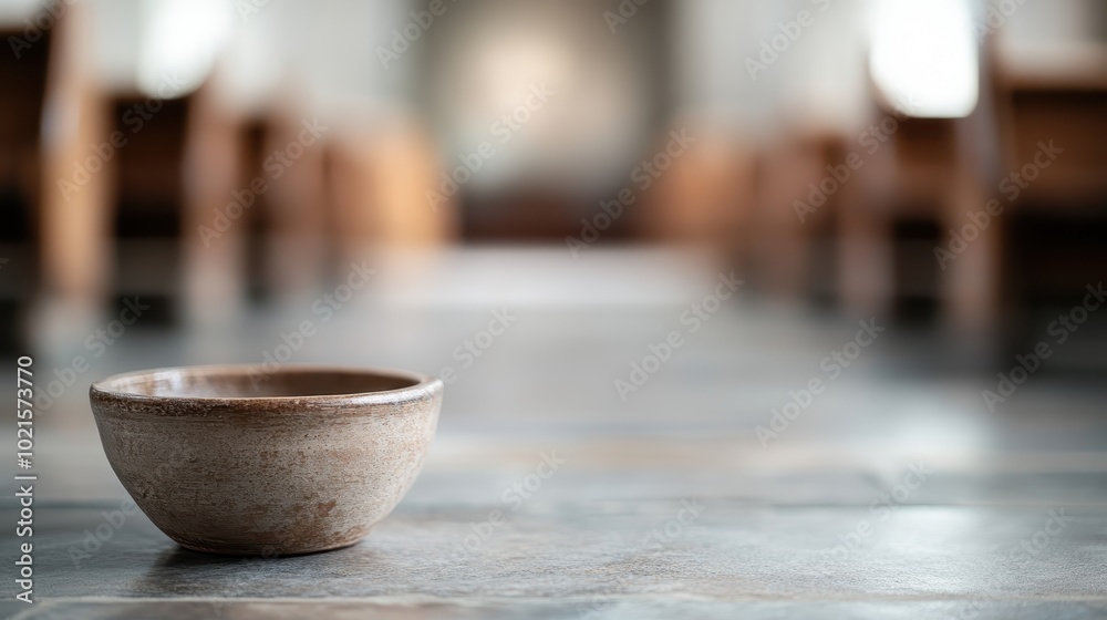 A simple, rustic ceramic bowl rests alone on the smooth, polished gray stone floor of a building's interior, highlighting craftsmanship and minimalist design elements. A simple, rustic ceramic bowl rests alone on the smooth, polished gray stone floor of a building's interior, highlighting craftsmanship and minimalist design elements.
