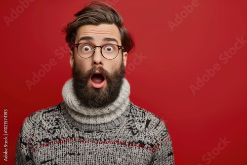 Handsome man in glasses and sweater looking skeptical and surprised photo