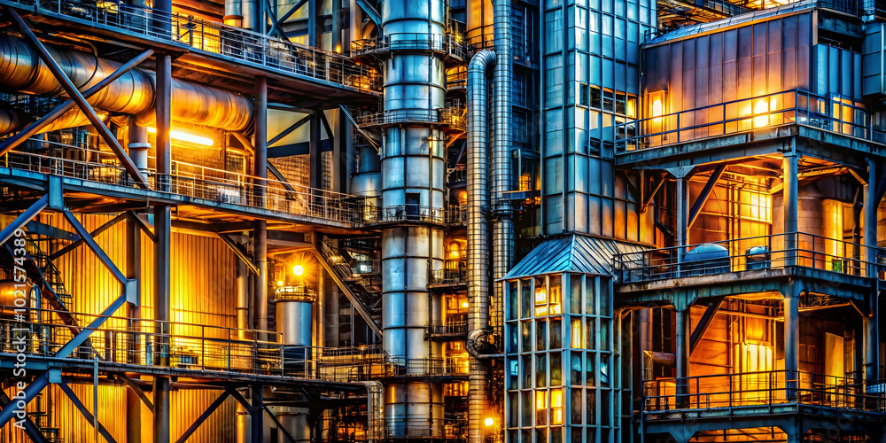 Obraz premium Industrial Symphony: A mesmerizing close-up of a towering industrial complex, bathed in warm, golden light, showcasing the intricate network of pipes, platforms.