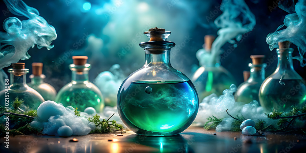 Mystic Elixirs: Teal Potion in Glass Bottle with Mystical Smoke Mystic Elixirs: Teal Potion in Glass Bottle with Mystical Smoke