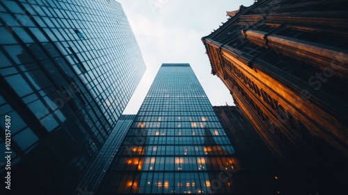Wallpaper Mural Multiple skyscrapers shoot upwards, blending diamond-like elegance with modern architectural design, creating an impressive urban landscape at dusk. Torontodigital.ca