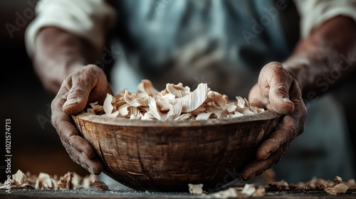 A pair of hands, dusted with sawdust, gently cradles a bowl filled with light wood shavings, set in the atmosphere of a woodworking workshop.