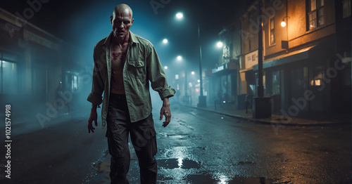 A bloodied figure stalks a dimly lit, misty street at night, with a cold, menacing expression. The atmosphere is dark and eerie, the empty street reflecting the unsettling presence. Generative AI