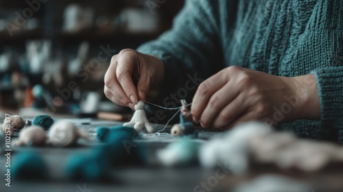 Hands meticulously work on creating tiny knit figures assembled in neat rows, reflecting dedication and the intricate process of traditional craftmanship.