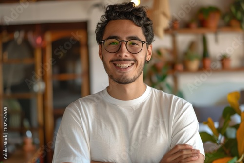 Happy young Hispanic man in casual clothes and glasses smiling.