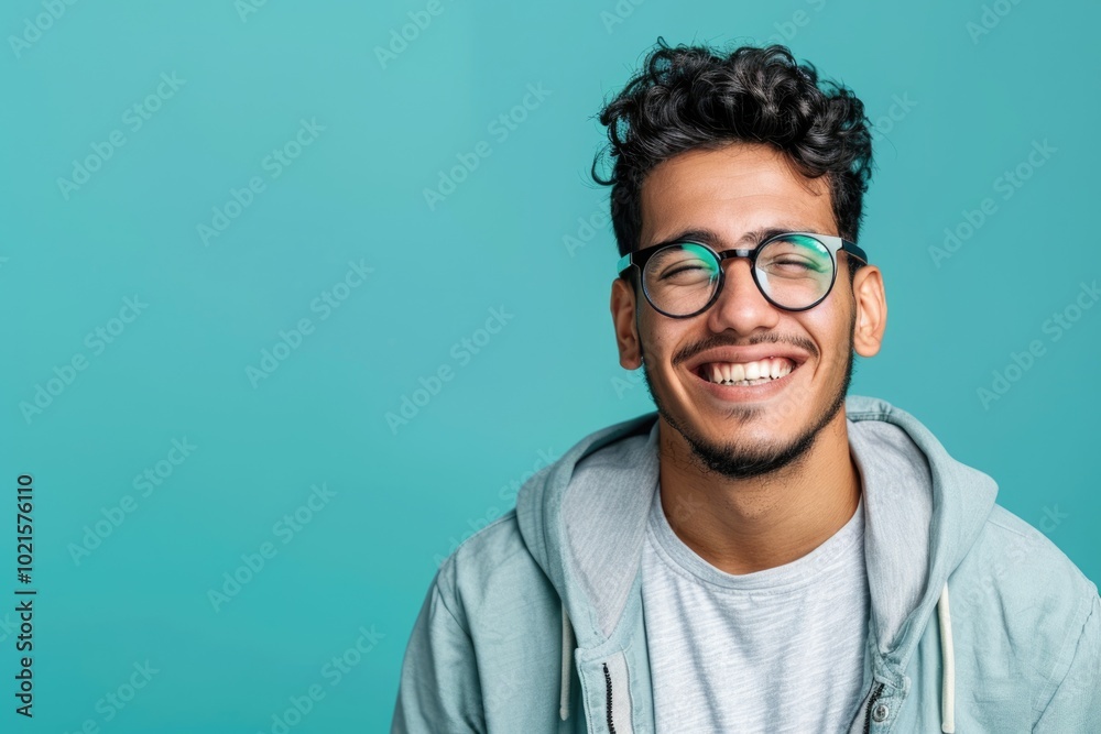 Happy young Hispanic man in casual clothes and glasses smiling confidently. Happy young Hispanic man in casual clothes and glasses smiling confidently.