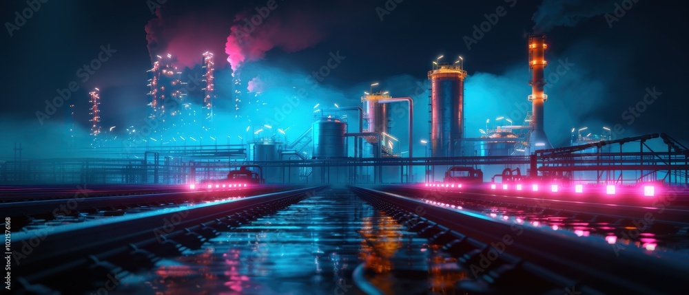 Large Oil Refinery with Storage Tanks at Night Large Oil Refinery with Storage Tanks at Night