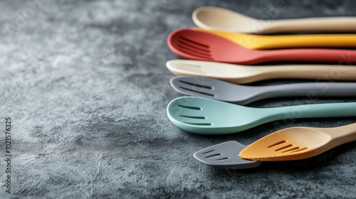 This image showcases a set of six mixing spoons, each with a wooden handle and silicone flexible spatula head, neatly arranged on a grey stone surface. photo