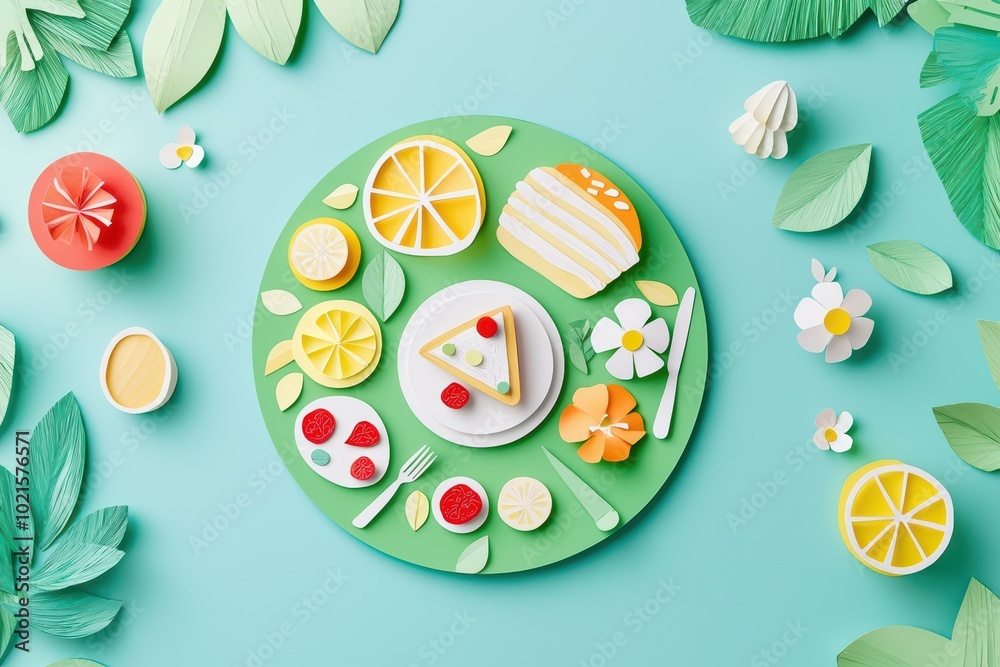 Colorful paper food arrangement with slices of fruits, flowers, and desserts on a vibrant green plate. Colorful paper food arrangement with slices of fruits, flowers, and desserts on a vibrant green plate.