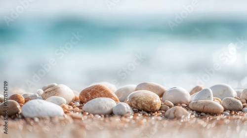 This image captures a close-up view of glossy pebbles adorned in sunlight on a sandy beach, with blurred ocean waves creating a peaceful, natural backdrop.