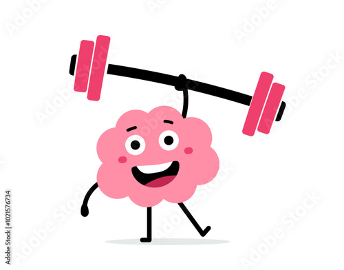 Vector cartoon illustration of strong happy brain character lift weight easy on white color background. Flat line doodle style design of smile healthy sport brain exercise with barbell