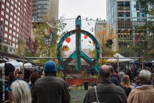 A public square with a peace-themed art installation attended by a diverse crowd