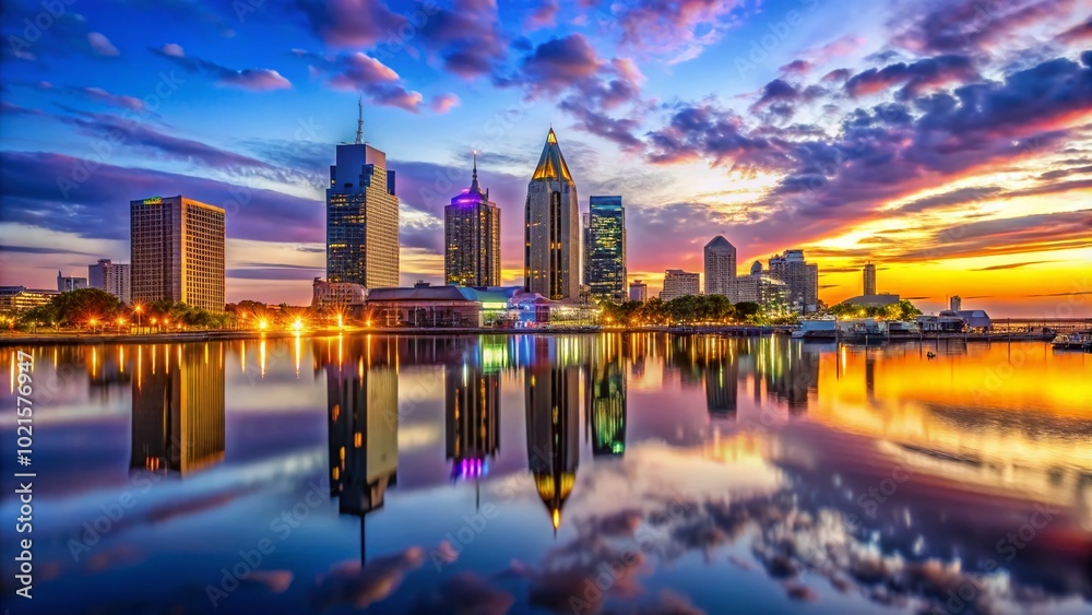 Stunning Skyline of Mobile Alabama at Dusk with Reflections in Water and Vibrant City Lights Stunning Skyline of Mobile Alabama at Dusk with Reflections in Water and Vibrant City Lights