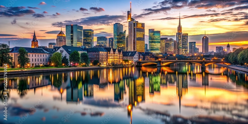 Fototapeta premium Stunning Skyline of Frankfurt at Dusk with Beautiful Illuminated Buildings and River Reflections