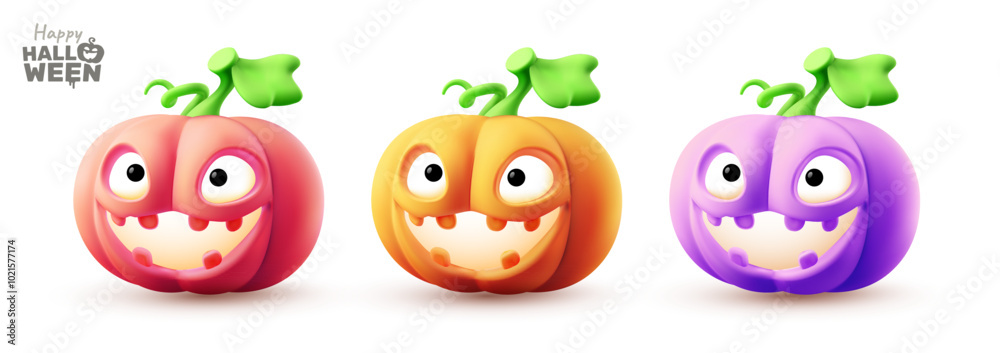 Vector happy halloween holiday illustration of set of different color cute pumpkin character with glow scary face. 3d style realistic design of halloween carved smile pumpkin monster for background