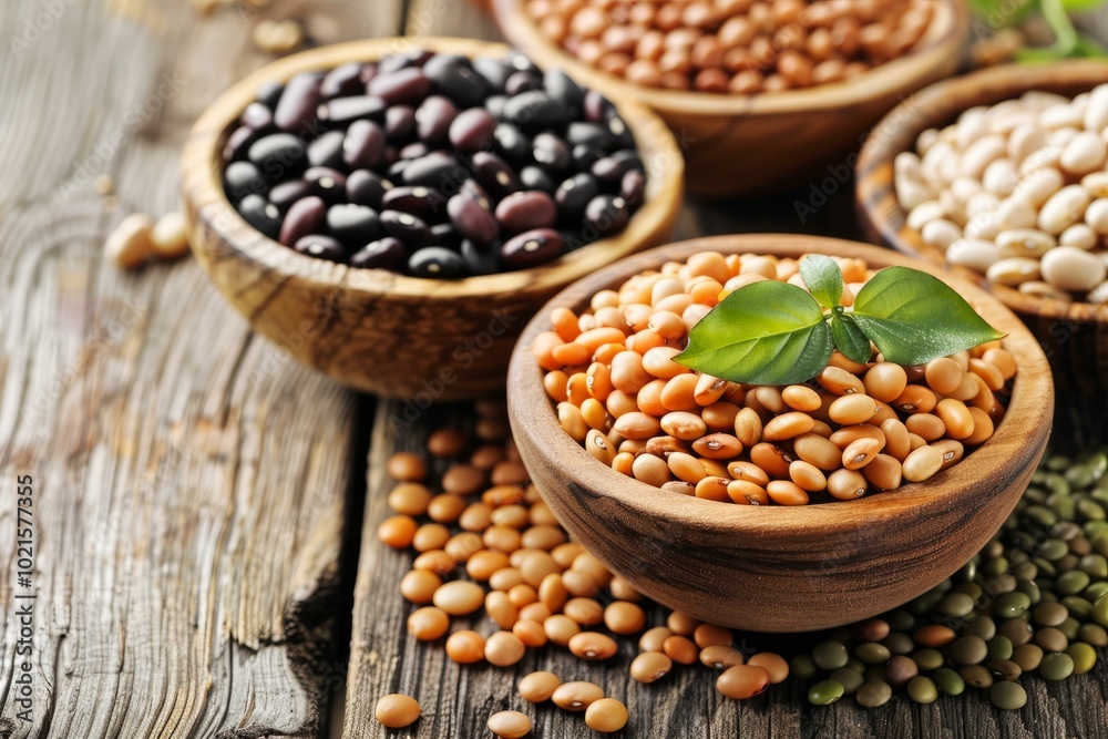 Several varieties of beans are displayed in wooden bowls on a rustic table Several varieties of beans are displayed in wooden bowls on a rustic table