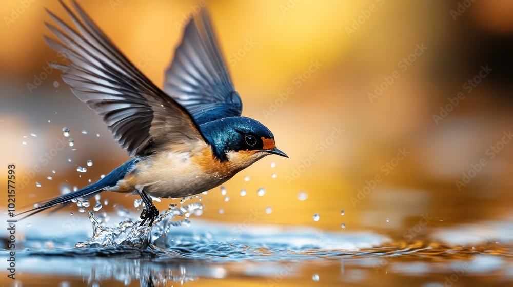 Obraz premium A vibrant swallow elegantly skims the surface of the water, its wings in mid-flutter, reflecting the iridescent beauty and grace of nature in a single moment.