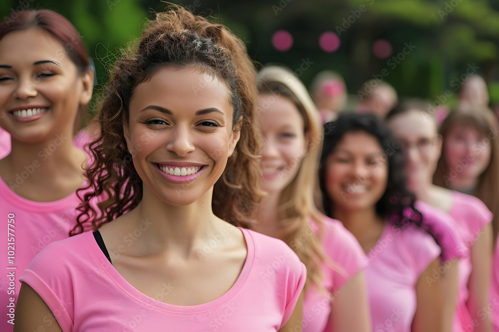 Group of Women Wearing Pink Shirts Smiling. Unity in Diversity. Breast Cancer awareness month. Group of Women Wearing Pink Shirts Smiling. Unity in Diversity. Breast Cancer awareness month.