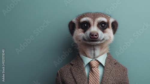 Exuding sophisticated flair, this dapper meerkat dons a classic suit against a teal backdrop, whimsically combining animal charm and fashionable style.