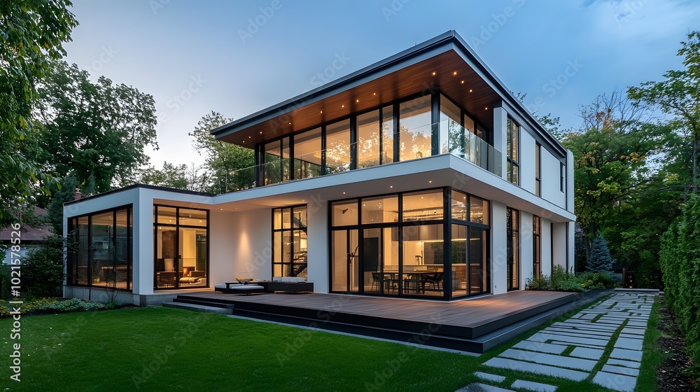 Fototapeta premium Modern house with white walls, black roof, and large glass windows