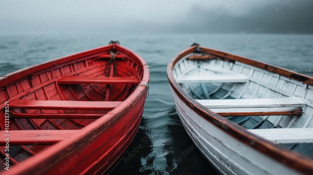 A misty atmosphere envelops a scene where two boats, one red and one white, float closely together on a tranquil water body, evoking feelings of peace and connection. A misty atmosphere envelops a scene where two boats, one red and one white, float closely together on a tranquil water body, evoking feelings of peace and connection.