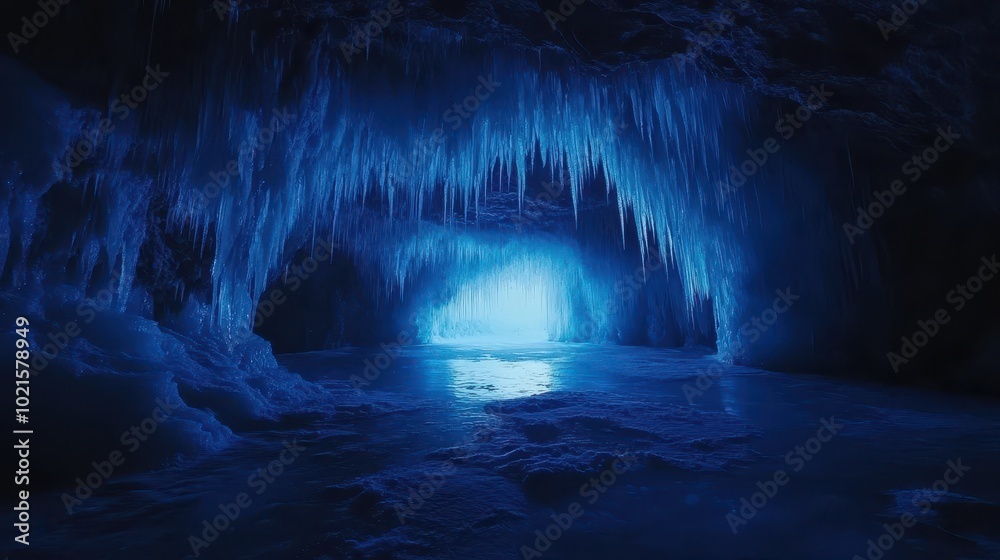 A cave with blue ice hanging from the ceiling A cave with blue ice hanging from the ceiling
