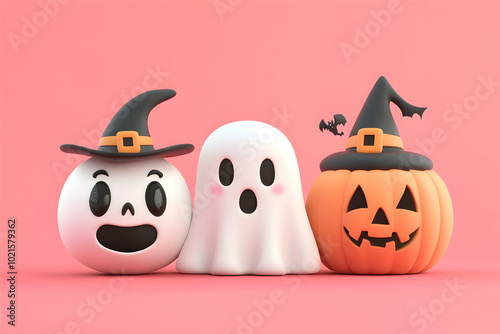 Cute Halloween Characters 3D Illustration on pink background.