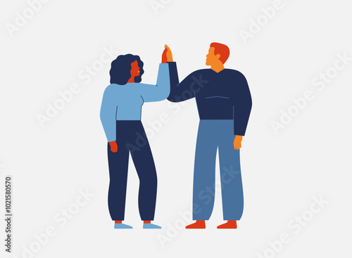 Man and woman give five as sign of good unity work. Business people do greeting gesture and flap palms. Gender equality and Partnership for success. Friends or colleagues welcoming each other