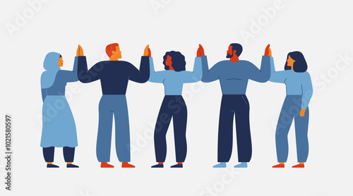 Multicultural Group of people holding hands. Business men and women stand in row and give high five to each other. Teamwork, friendship, engagement and inclusion concept. Vector illustration