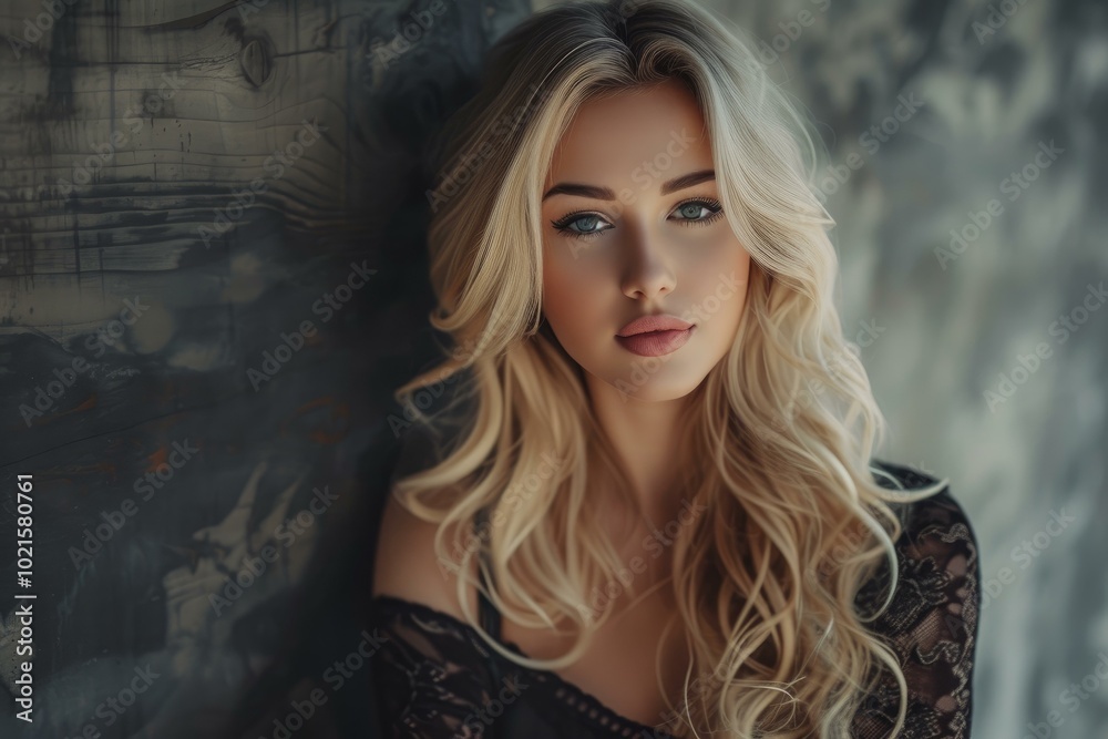 Portrait of a beautiful blonde woman with wavy hair wearing a delicate lace top Portrait of a beautiful blonde woman with wavy hair wearing a delicate lace top