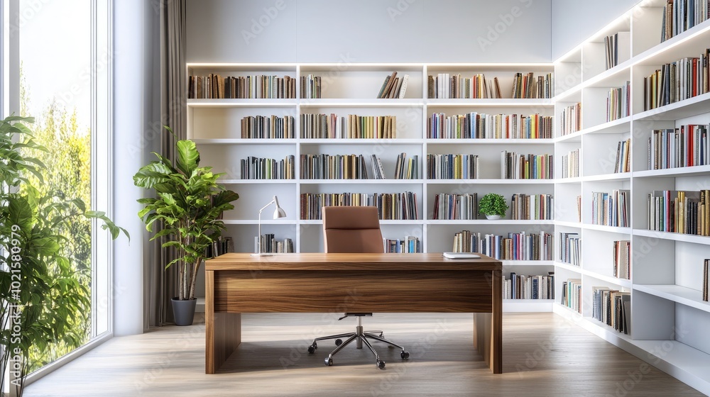 A modern office space with a minimalist walnut desk A modern office space with a minimalist walnut desk