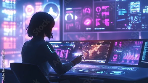 A figure interacts with futuristic screens displaying data and graphics, set in a vibrant, tech-driven environment.
