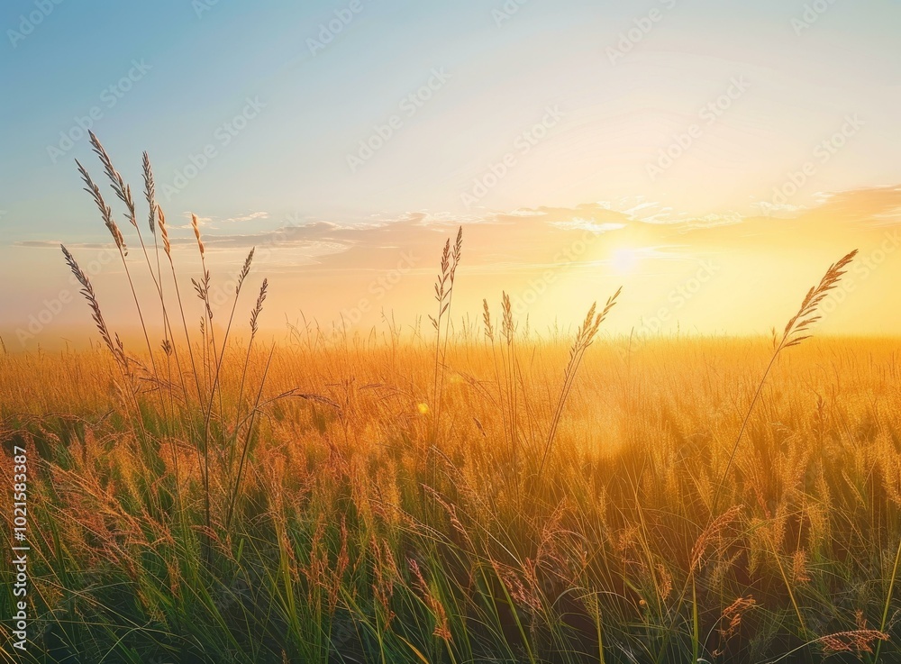 Fototapeta premium Field of wheat under blue sky with white clouds and bright sun