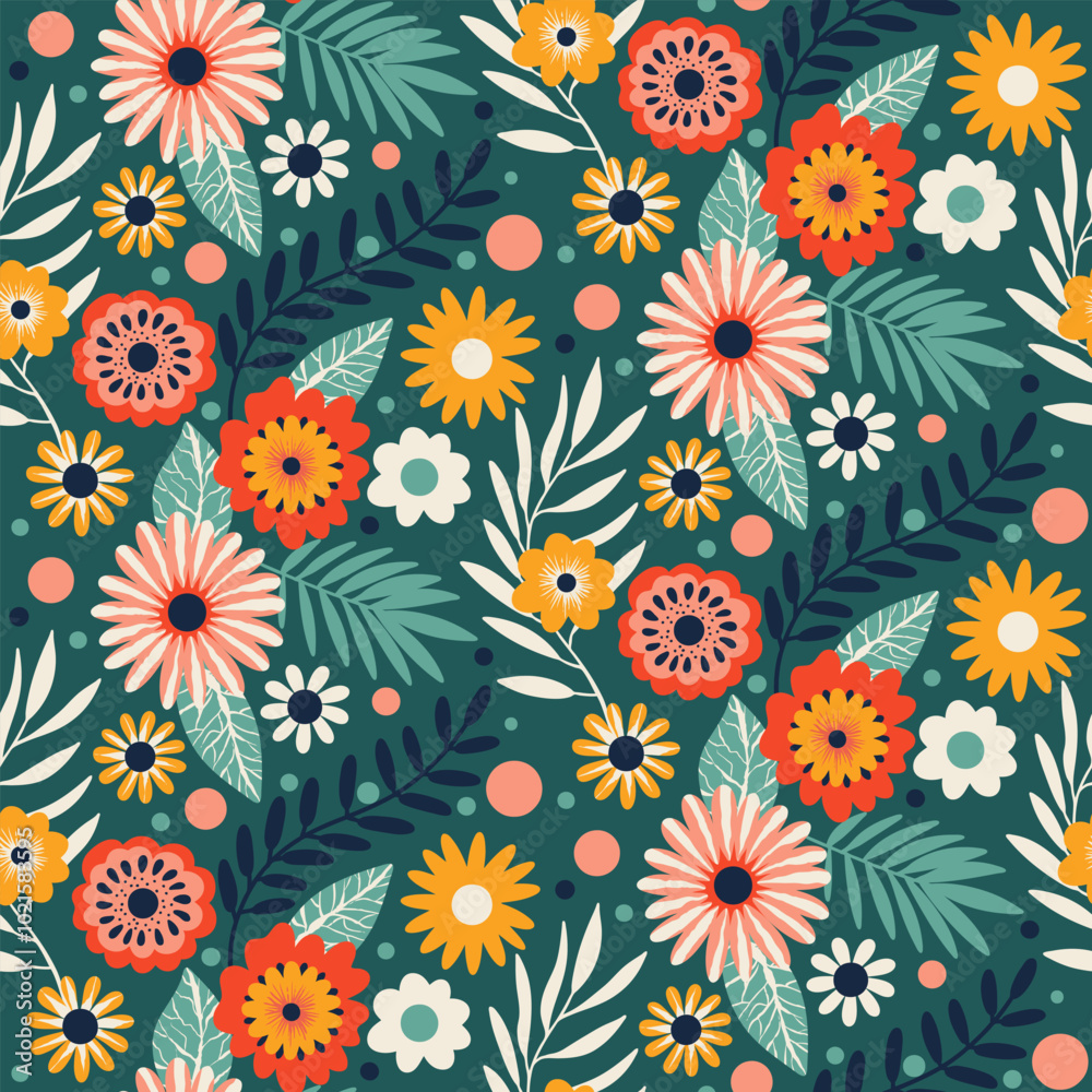 Floral Seamless Half Drop Pattern with Tropical Leaves and Flowers in Green, Red, Pink, Yellow, White. Repeat Wallpaper Print Texture. Perfectly for Wrapping Paper, Textile, Fabric, Decor Ornament.