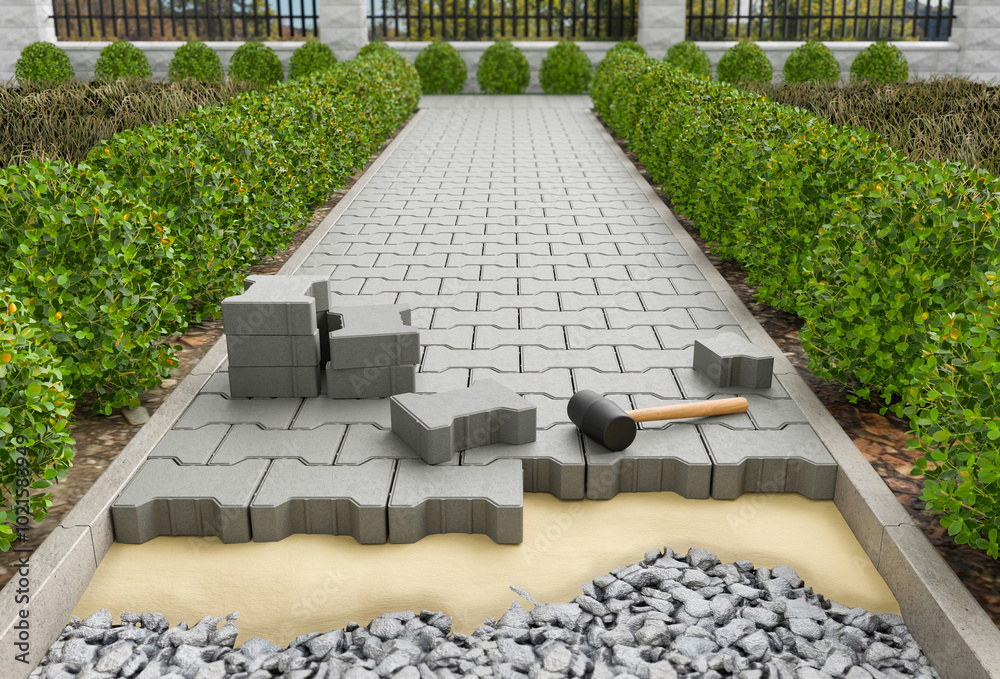 Laying of self-locking paving blocks on garden walkway - 3d rendering